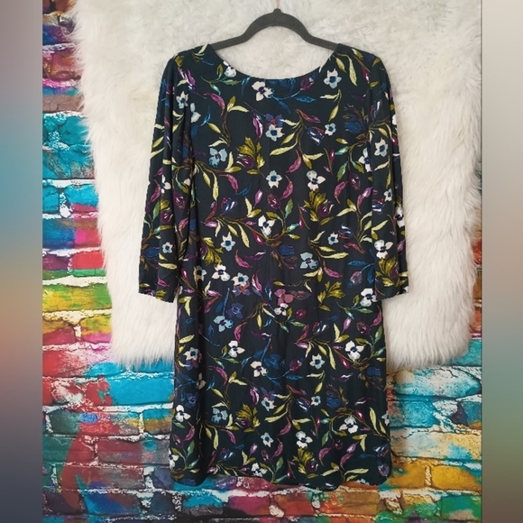 J Jill Navy Blue Floral 3/4 Sleeve Boat Neck Pullover Shift Dress Size M - Picture 10 of 11